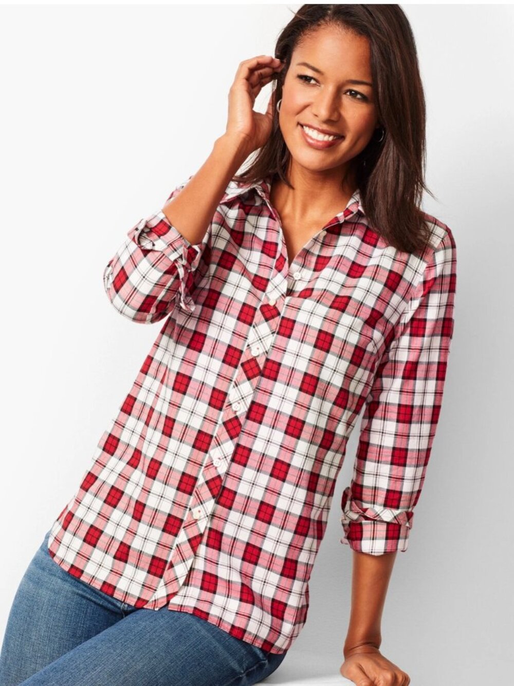 Talbots Petites Classic Cotton Shirt Blouse Shimmer Plaid SP Small